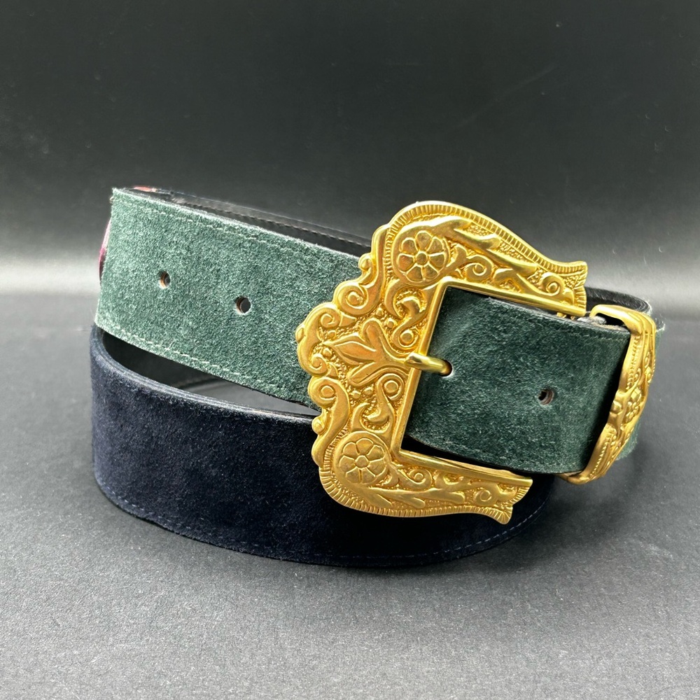 VTG 80s-90s Doncaster Green Navy Pink Suede Leather Gold Women's Belt 40”